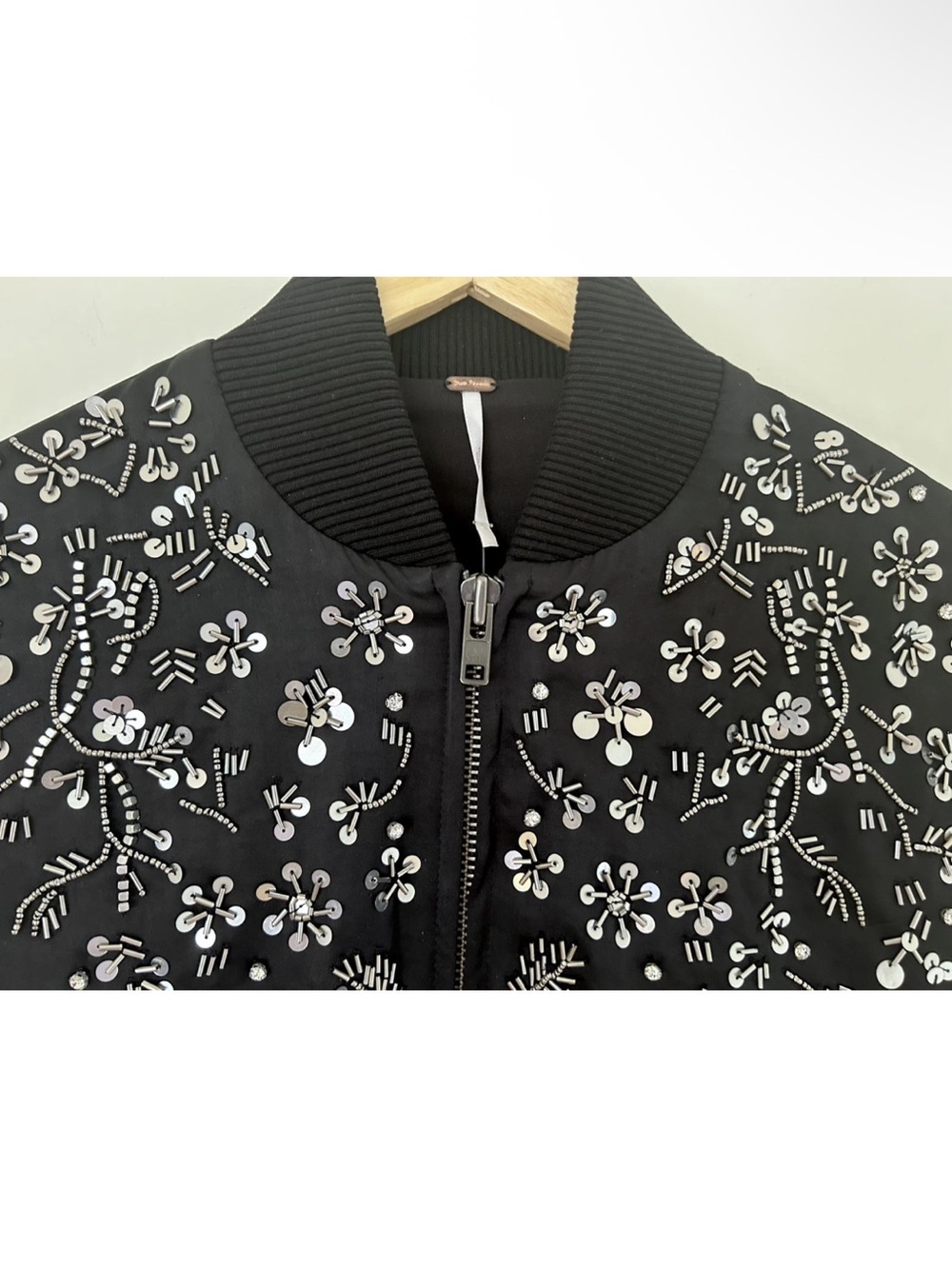 Free People Stassi Black Satin Embellished Beaded Bomber Jacket NWT Size XS - Picture 9 of 11